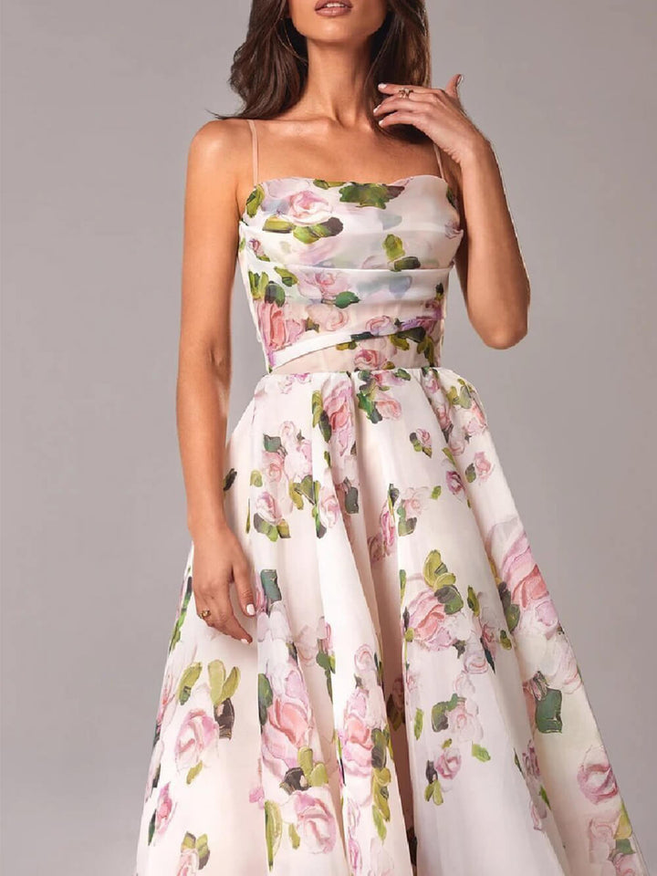 Rosa | Elegantes Festliches Kleid mit Spaghettiträgern – A-Linie und Blumendruck für Hochzeitsgast und besondere Anlässe 3