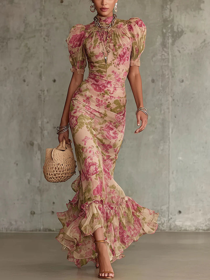 Rosalina | Elegantes Maxikleid Sommer mit Puffärmeln und Rosendruck 0