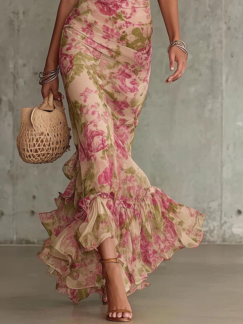 Rosalina | Elegantes Maxikleid Sommer mit Puffärmeln und Rosendruck 2