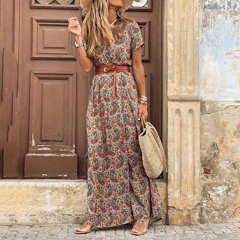 Boho-Kleid für Damen Midi Gürtel Print
