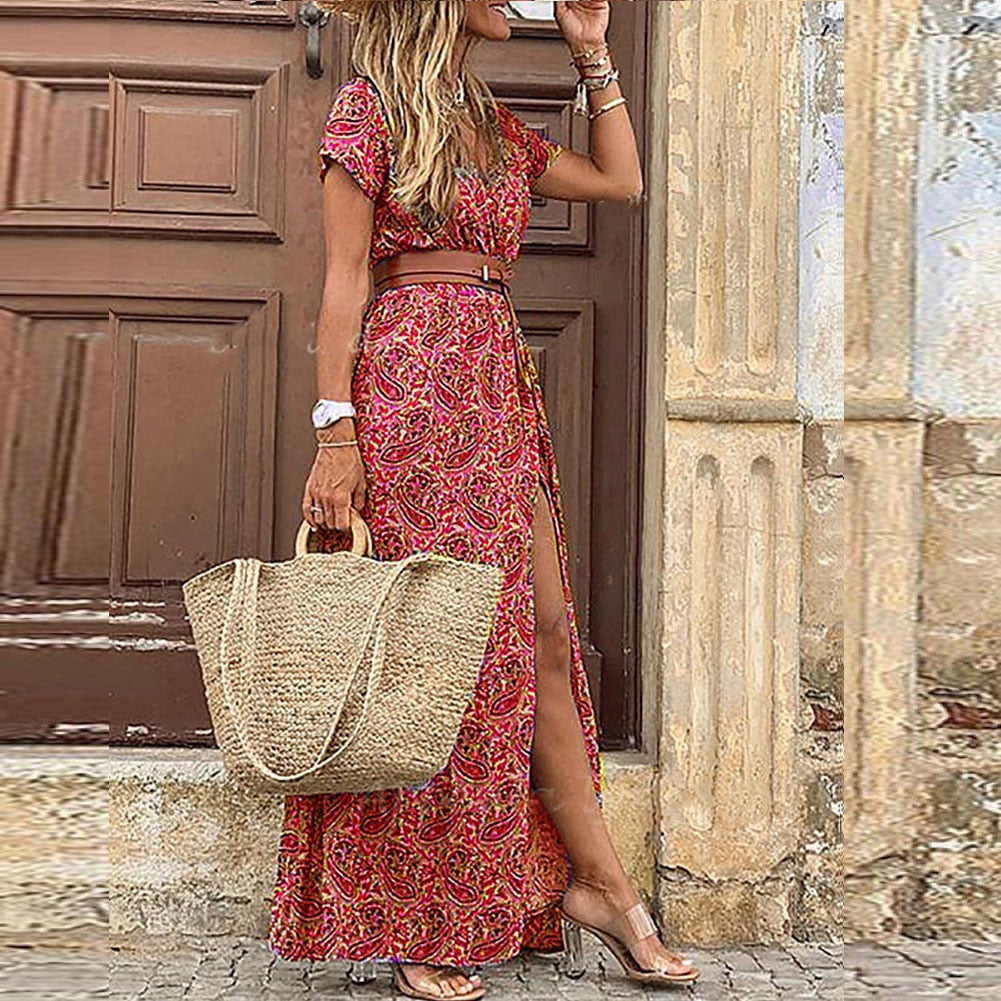 Boho-Kleid für Damen Midi Gürtel Print