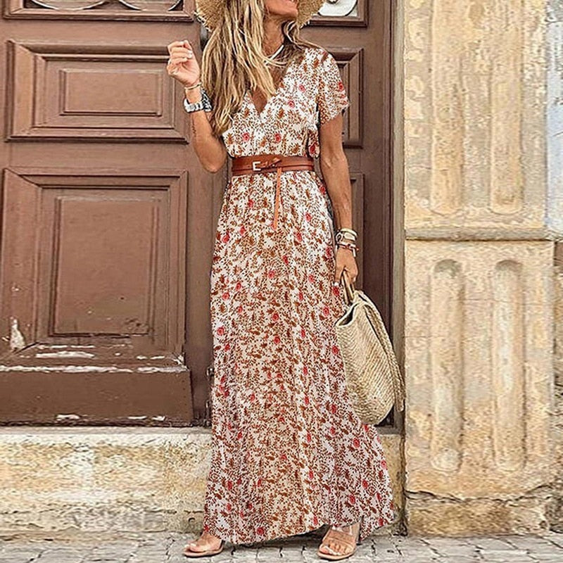 Boho-Kleid für Damen Midi Gürtel Print