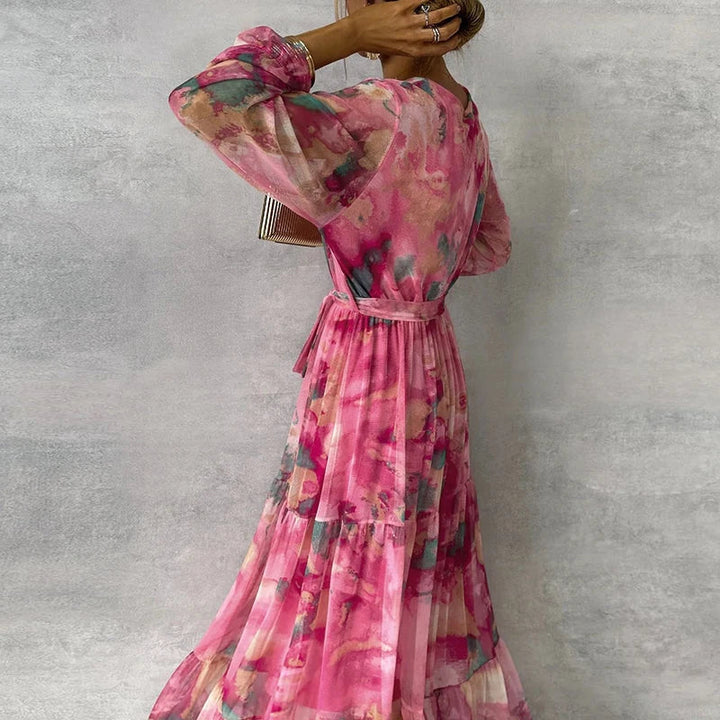 Damen-Maxikleid mit Blumenmuster, V-Ausschnitt und Gürtel
