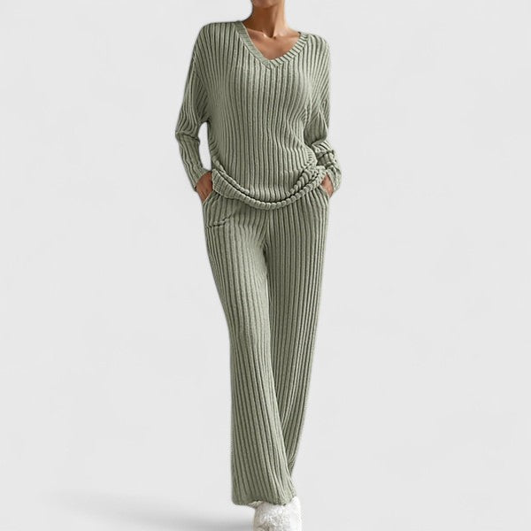 Sabina | Damen Lounge-Set mit Rippstrick und weiter Hose
