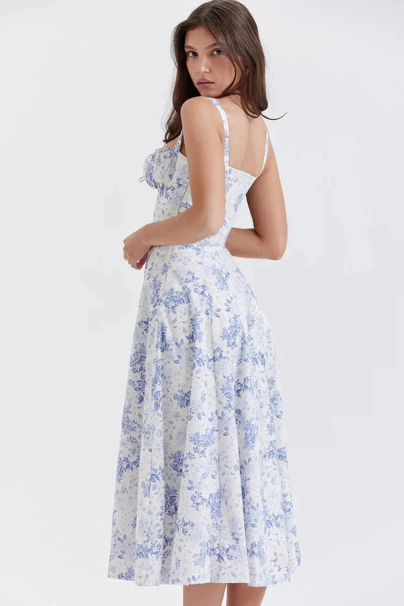 Midi-Kleid mit Blumenmuster für Damen | Korsett mit Seitenschlitz