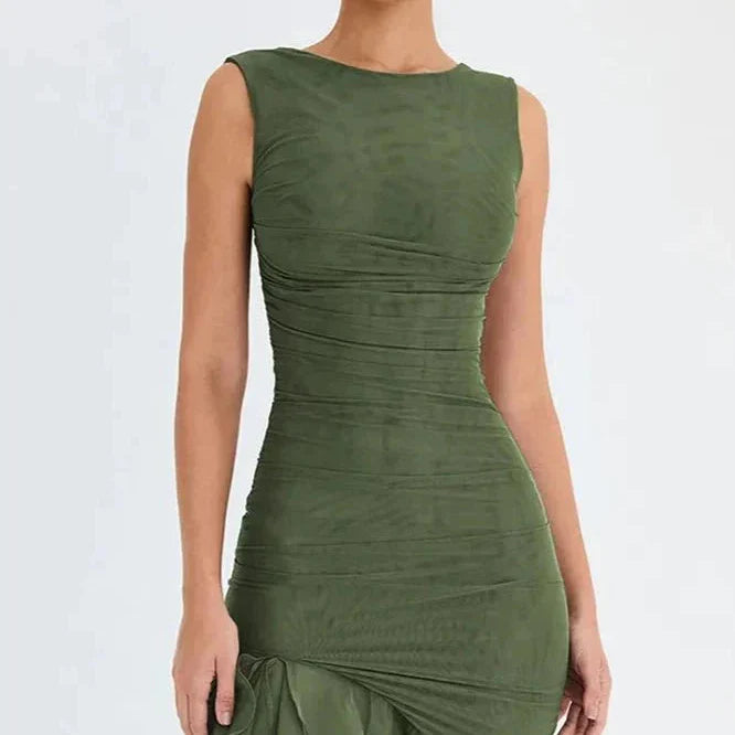 Midi-Kleid für Damen mit Rüschen und figurbetonter Passform | Ärmellos mit Rüschen