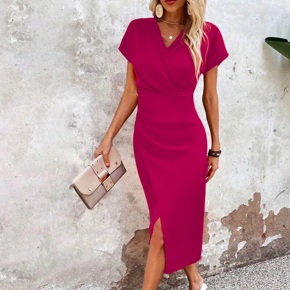 Damen-Hochzeitsgast Kleid Midi V-Ausschnitt mit Schlitz