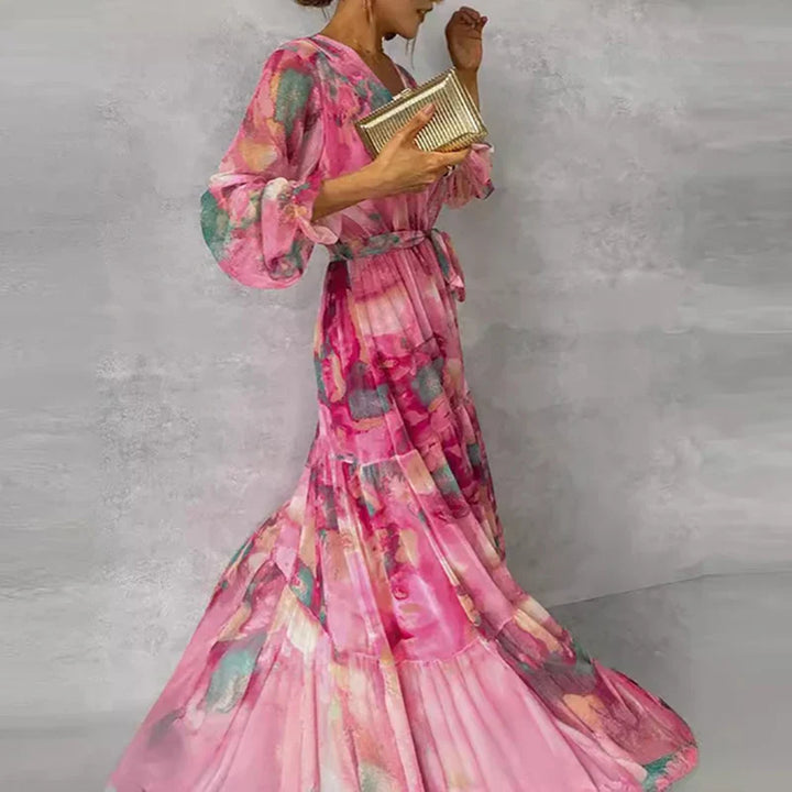 Damen-Maxikleid mit Blumenmuster, V-Ausschnitt und Gürtel