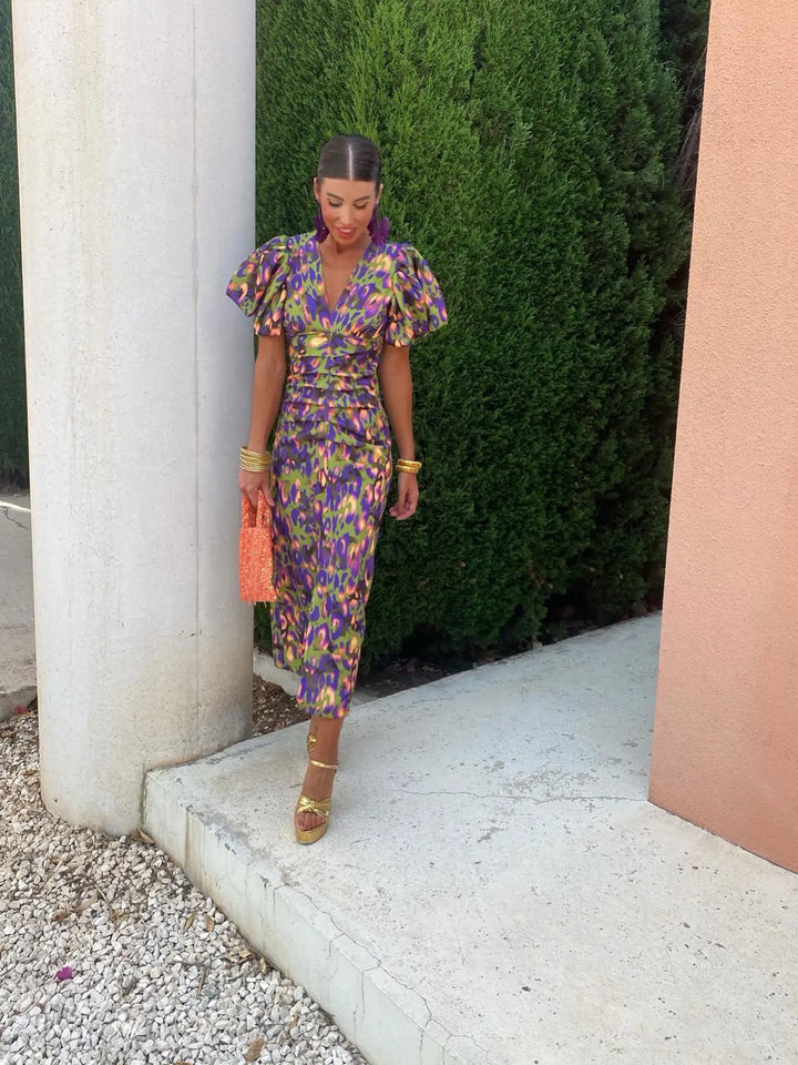 Monika | Damen Sommer Bedrucktes Midi Kleid Mit Puffärmeln