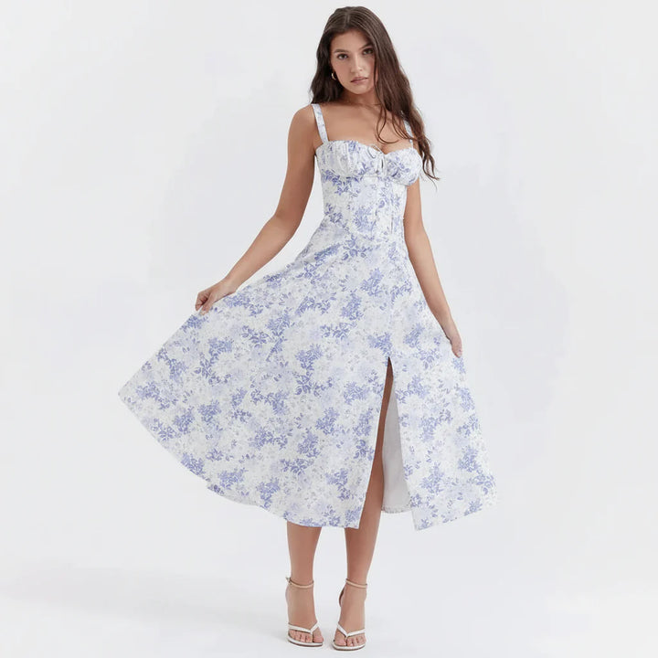 Linsay Blumenkleid – Midi-Kleid mit Korsett & Seitenschlitz