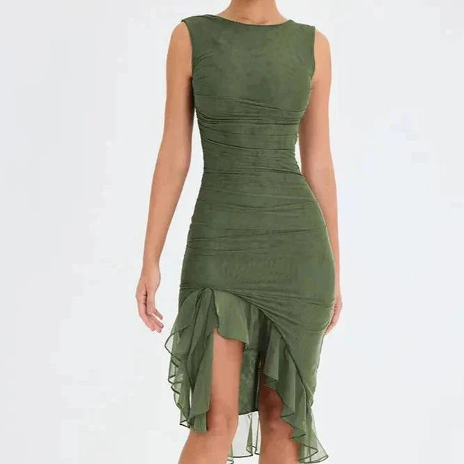 Midi-Kleid für Damen mit Rüschen und figurbetonter Passform | Ärmellos mit Rüschen
