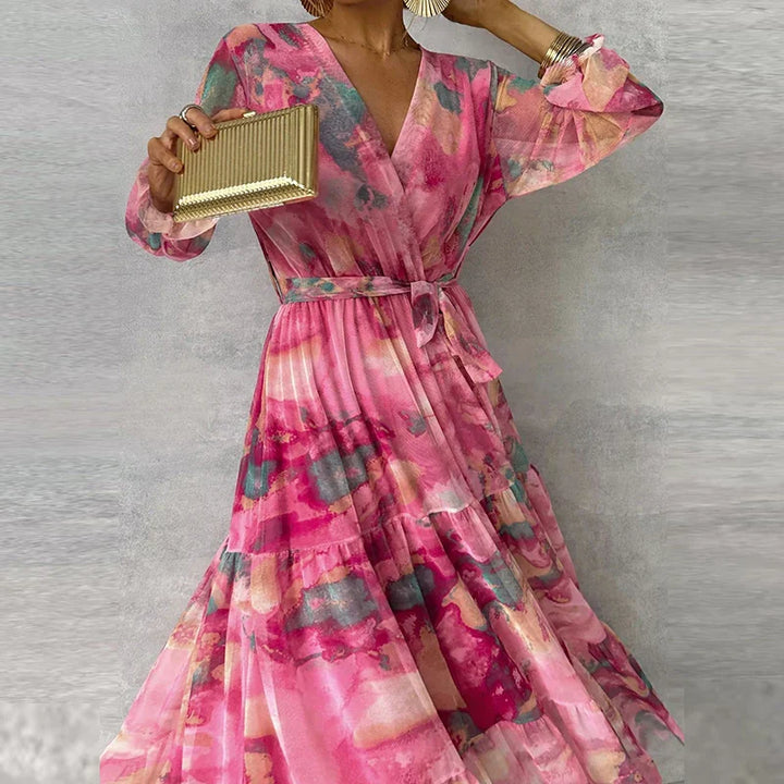 Damen-Maxikleid mit Blumenmuster, V-Ausschnitt und Gürtel