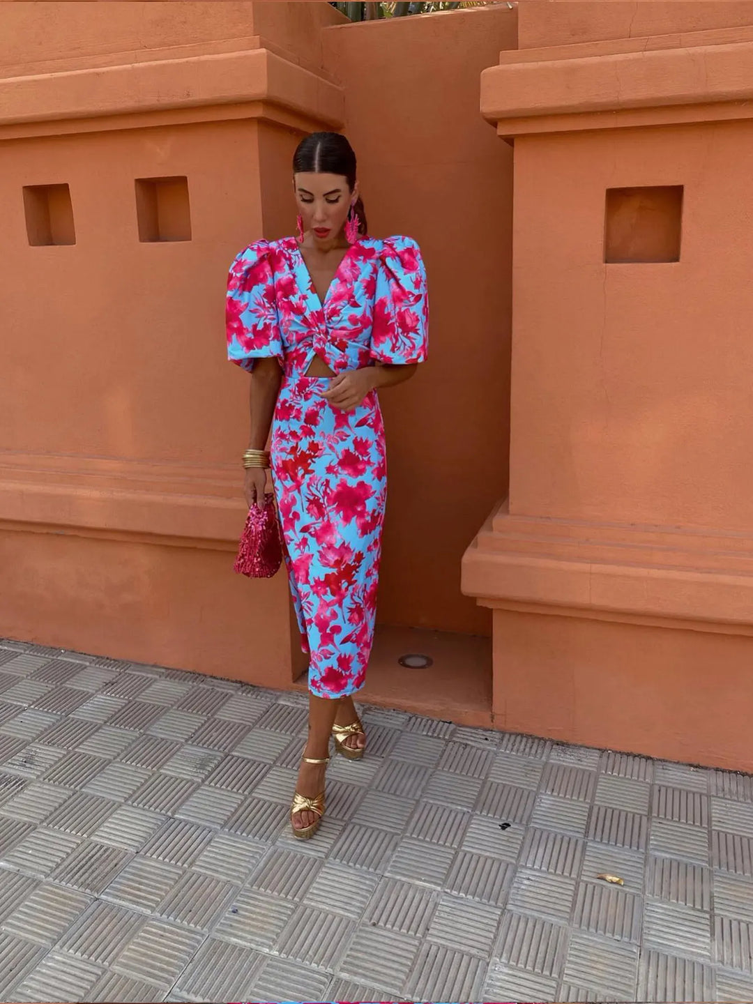 Monika | Damen Sommer Bedrucktes Midi Kleid Mit Puffärmeln