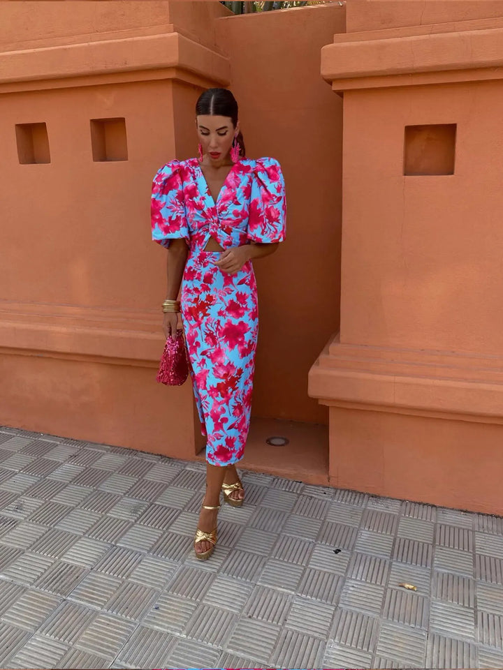 Monika | Damen Sommer Bedrucktes Midi Kleid Mit Puffärmeln