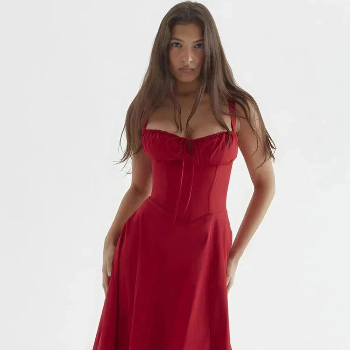 Midi-Kleid mit Blumenmuster für Damen | Korsett mit Seitenschlitz