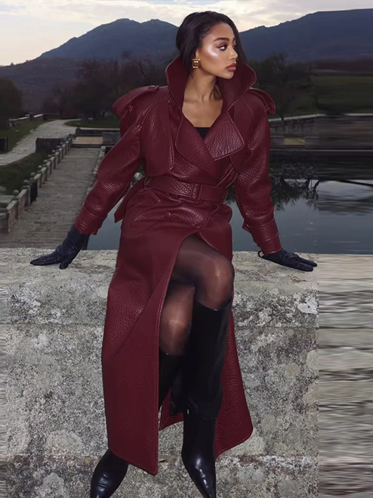 Marie | Damen Langer Winter-Trenchmantel aus Leder