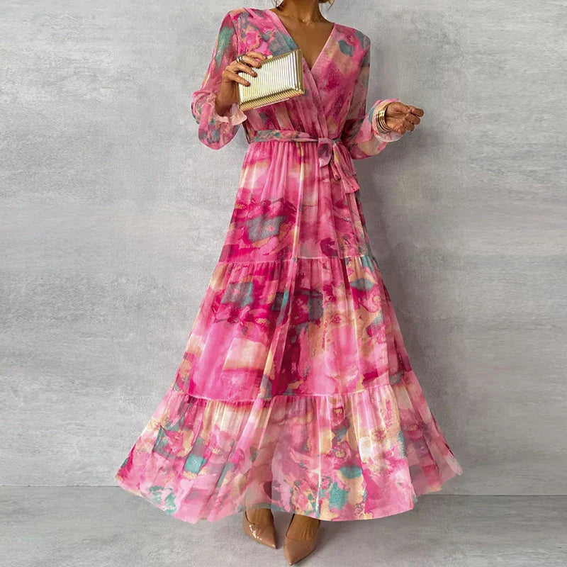 Damen-Maxikleid mit Blumenmuster, V-Ausschnitt und Gürtel
