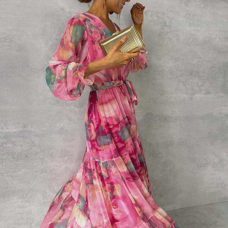 Damen-Maxikleid mit Blumenmuster, V-Ausschnitt und Gürtel