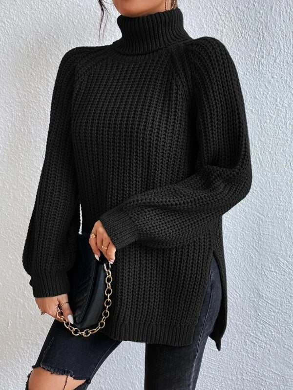 Schwarzer Langarmpullover mit Rollkragen und gerippten Ärmeln