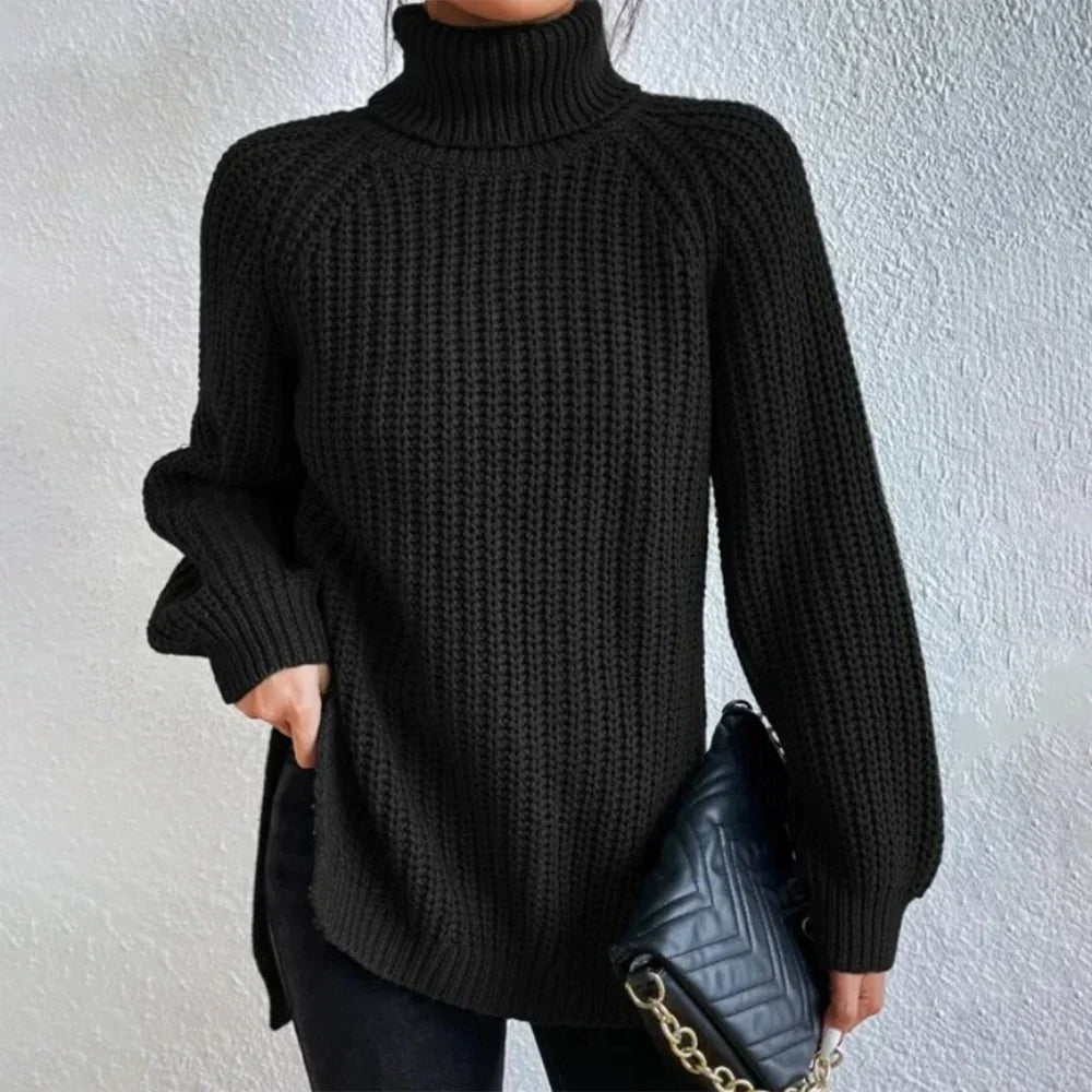 Schwarzer Langarmpullover mit Rollkragen und gerippten Ärmeln