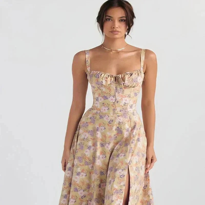 Midi-Kleid mit Blumenmuster für Damen | Korsett mit Seitenschlitz