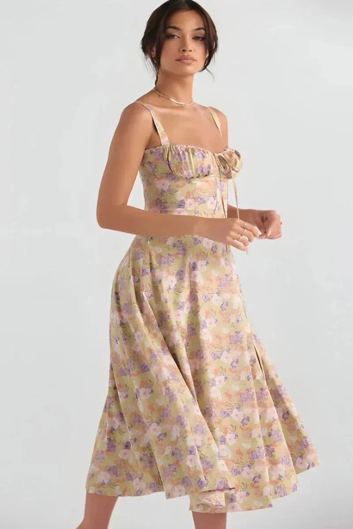 Midi-Kleid mit Blumenmuster für Damen | Korsett mit Seitenschlitz