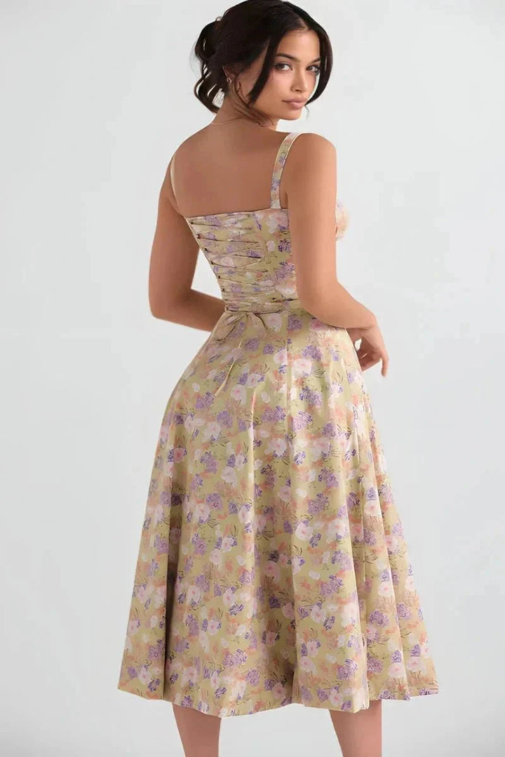 Linsay Blumenkleid – Midi-Kleid mit Korsett & Seitenschlitz