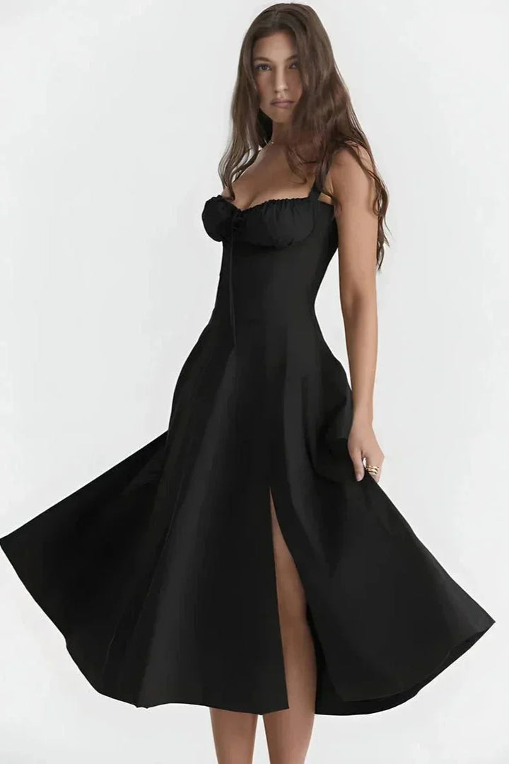 Midi-Kleid mit Blumenmuster für Damen | Korsett mit Seitenschlitz