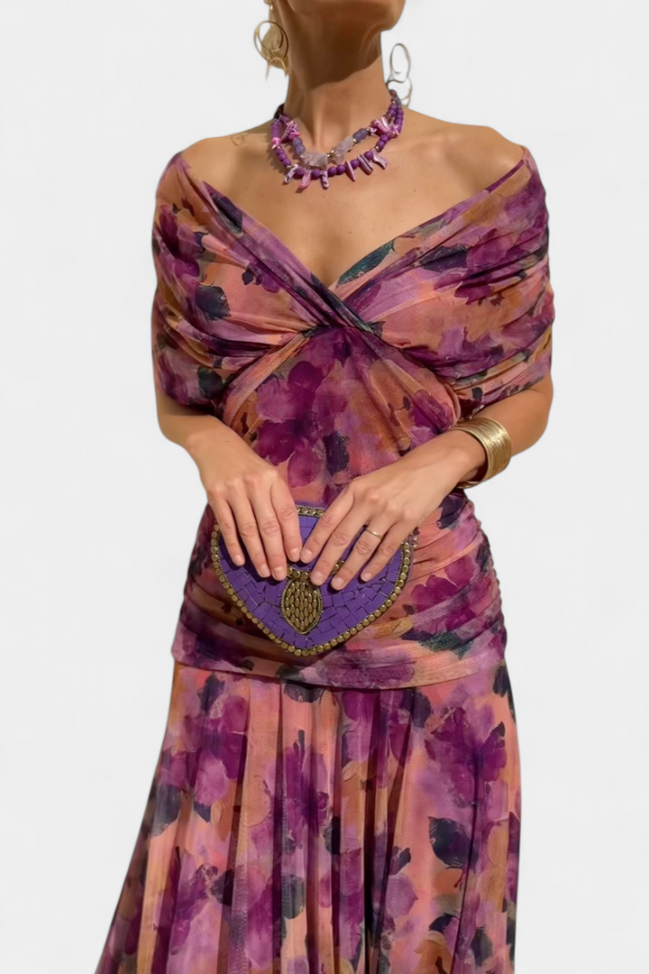 Elfriede | Damen Off-Shoulder Gerafftes Maxi Kleid