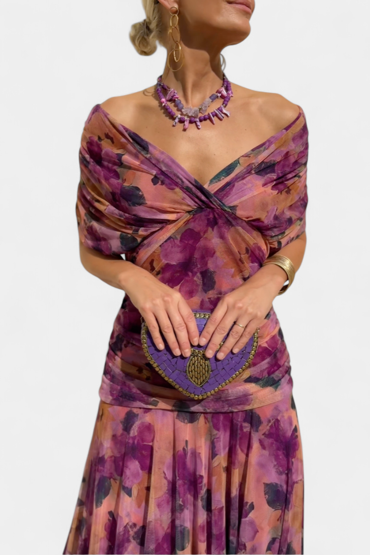 Damen-Maxikleid mit V-Ausschnitt und Blumenmuster