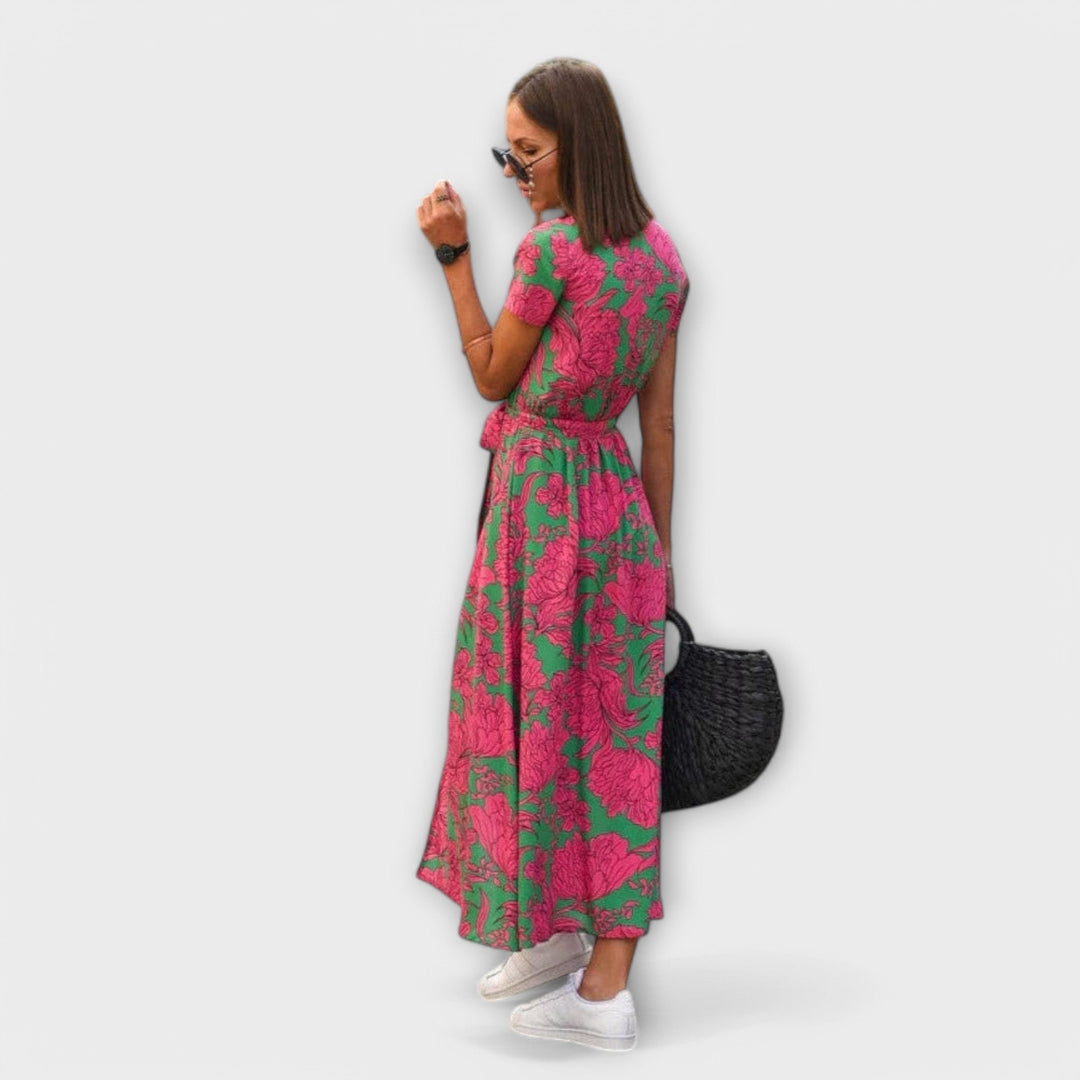 Renate | Damen Lässiges Langkleid mit V-Ausschnitt und Gürtel