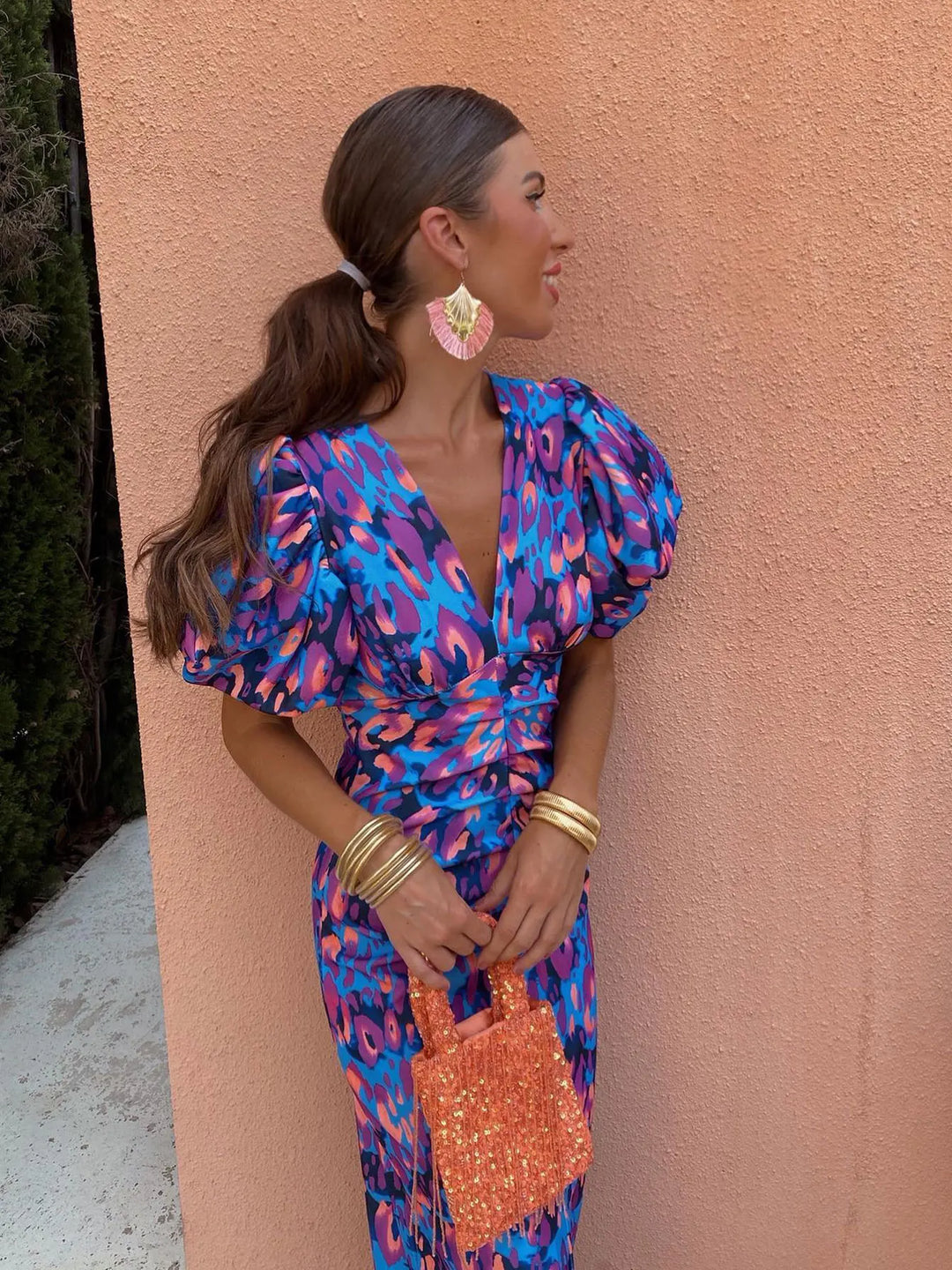 Monika | Damen Sommer Bedrucktes Midi Kleid Mit Puffärmeln