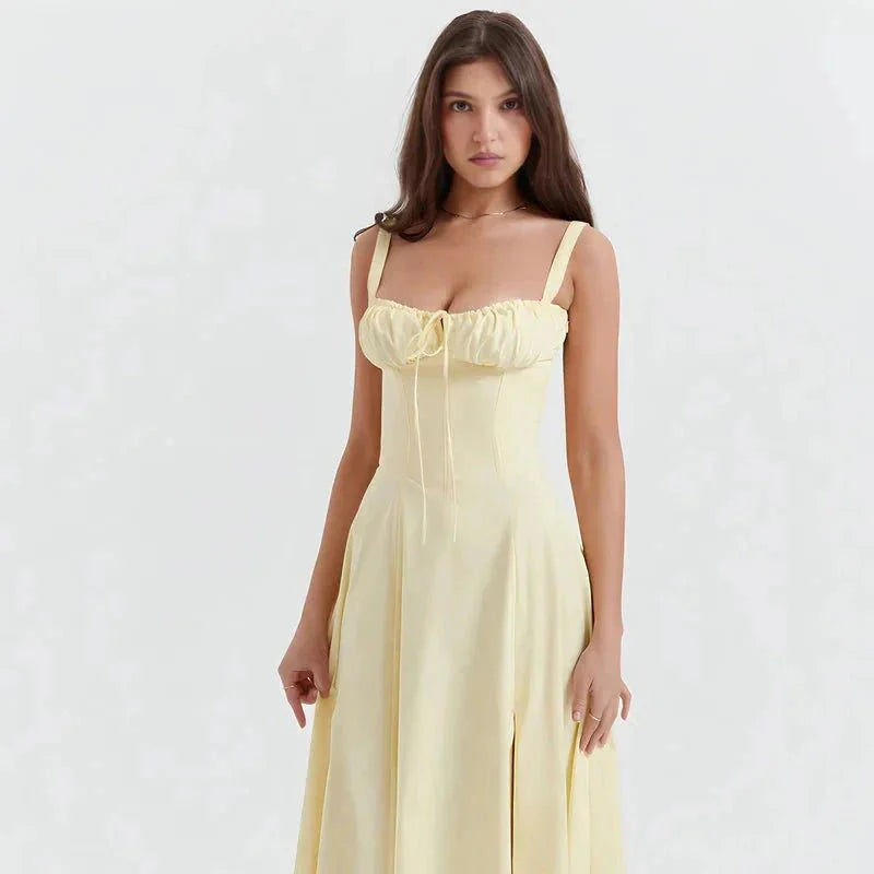 Midi-Kleid mit Blumenmuster für Damen | Korsett mit Seitenschlitz