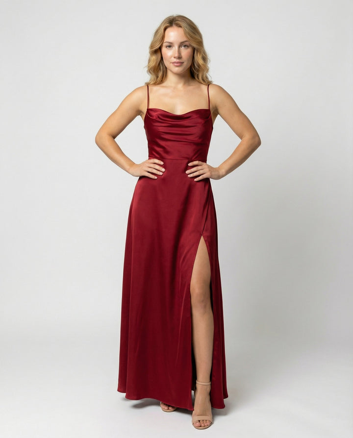 Seiden Maxikleid Damen | Drapierter Ausschnitt & Eleganter Beinschlitz
