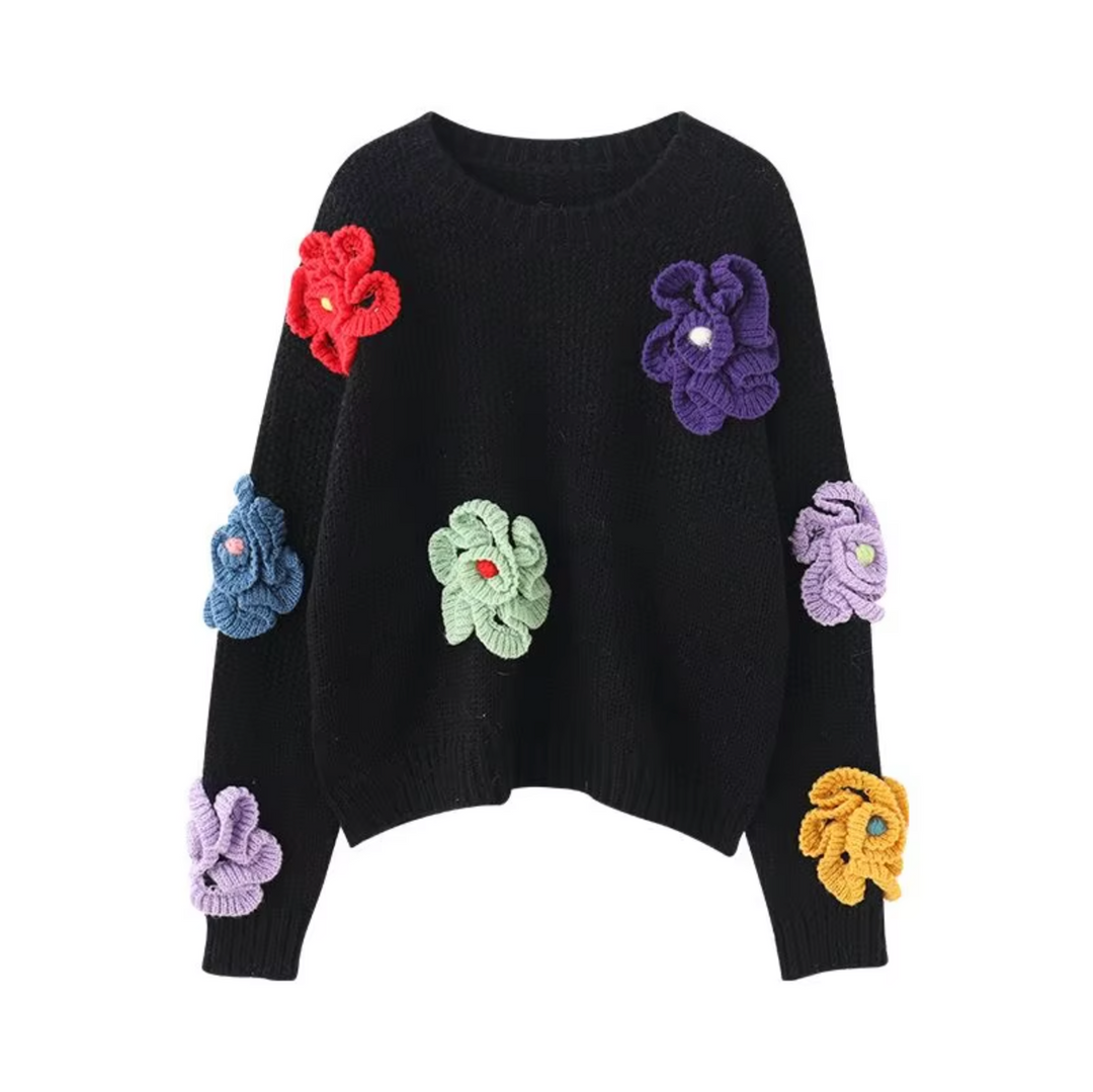 Serenity - Vintage Strickpullover mit 3D Blumen