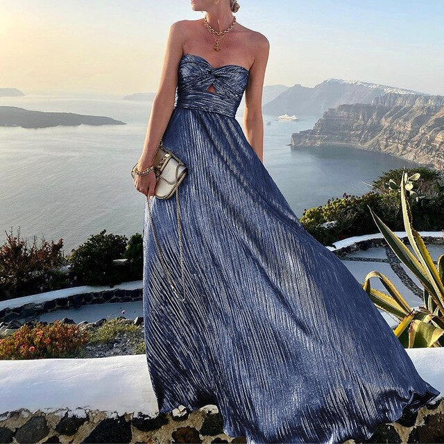 Isabella – Damen Trägerloses Plissee Maxikleid
