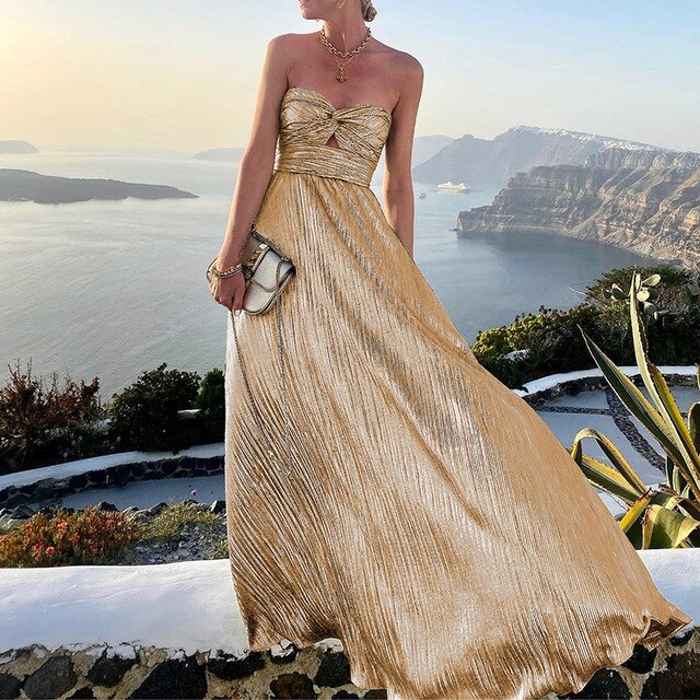 Isabella – Damen Trägerloses Plissee Maxikleid
