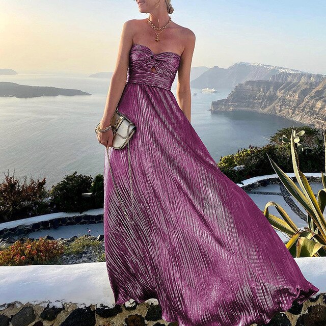 Isabella – Damen Trägerloses Plissee Maxikleid