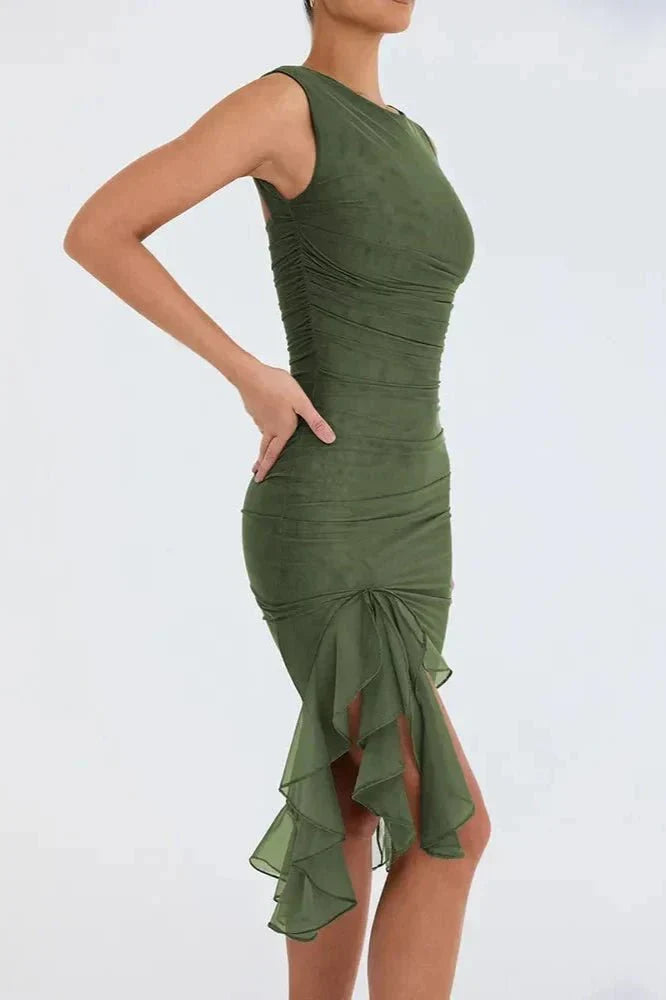 Midi-Kleid für Damen mit Rüschen und figurbetonter Passform | Ärmellos mit Rüschen