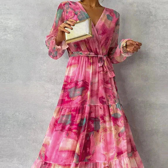 Damen-Maxikleid mit Blumenmuster, V-Ausschnitt und Gürtel