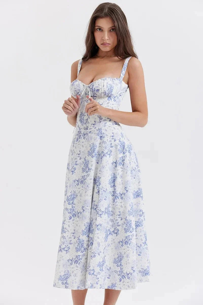 Midi-Kleid mit Blumenmuster für Damen | Korsett mit Seitenschlitz