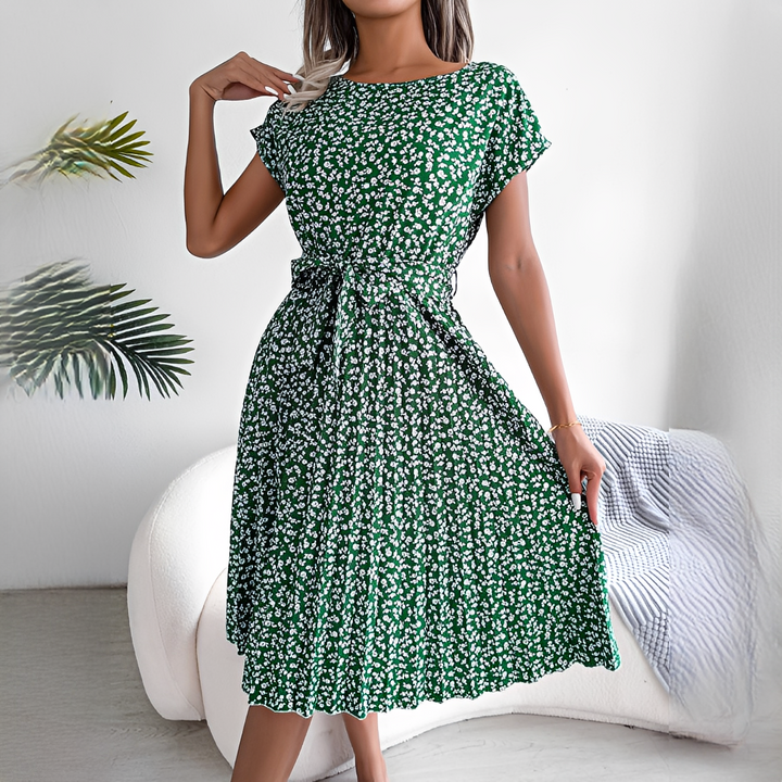 Sommerkleid Damen | Plissiertes Midi mit Bindegürtel & Blumenmuster