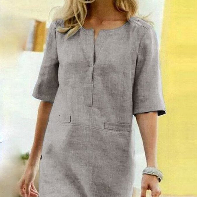 Sommerkleid Damen Baumwolle Leinen Kurze Ärmel