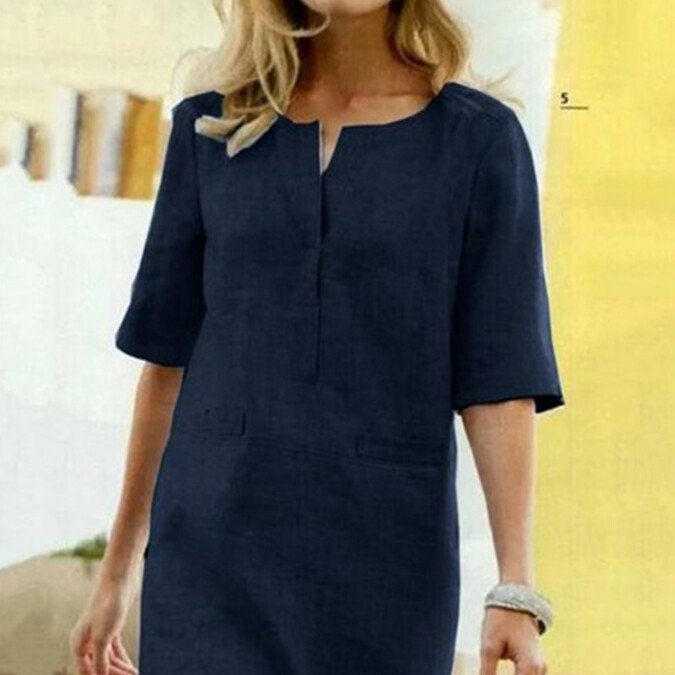 Sommerkleid Damen Baumwolle Leinen Kurze Ärmel
