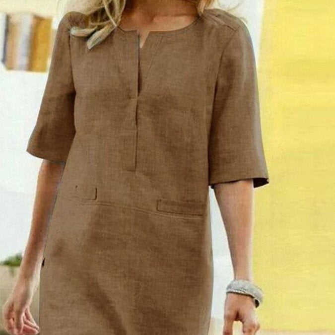 Sommerkleid Damen Baumwolle Leinen Kurze Ärmel