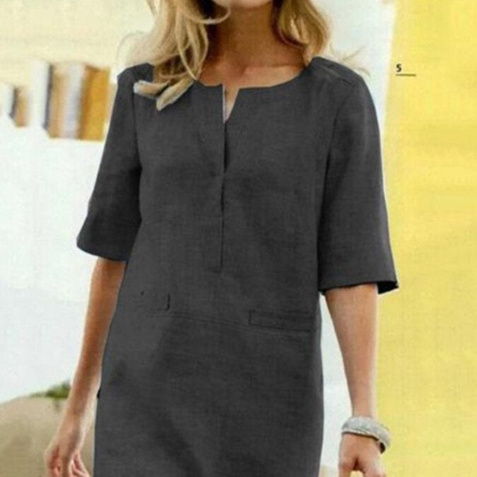 Sommerkleid Damen Baumwolle Leinen Kurze Ärmel