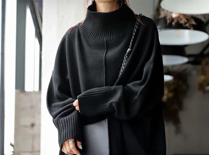 Thalia - Schwarzer einfarbiger langärmeliger Pullover
