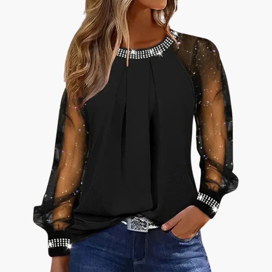 Damenbluse mit Pailletten – Langarm Rundhals