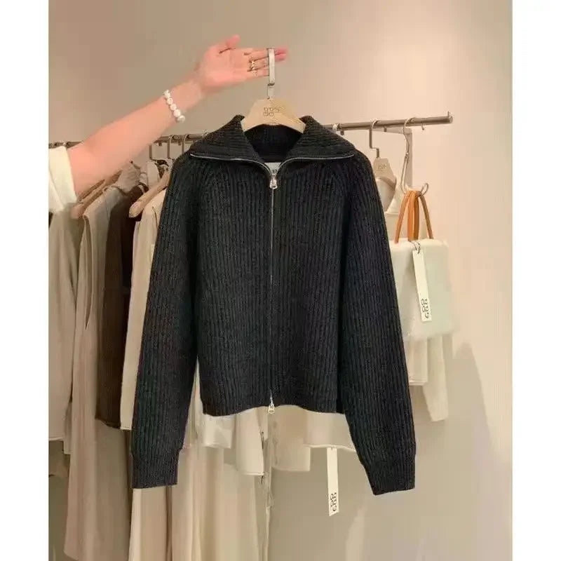 Trendiger Gerippter Strick-Cardigan mit Reißverschluss