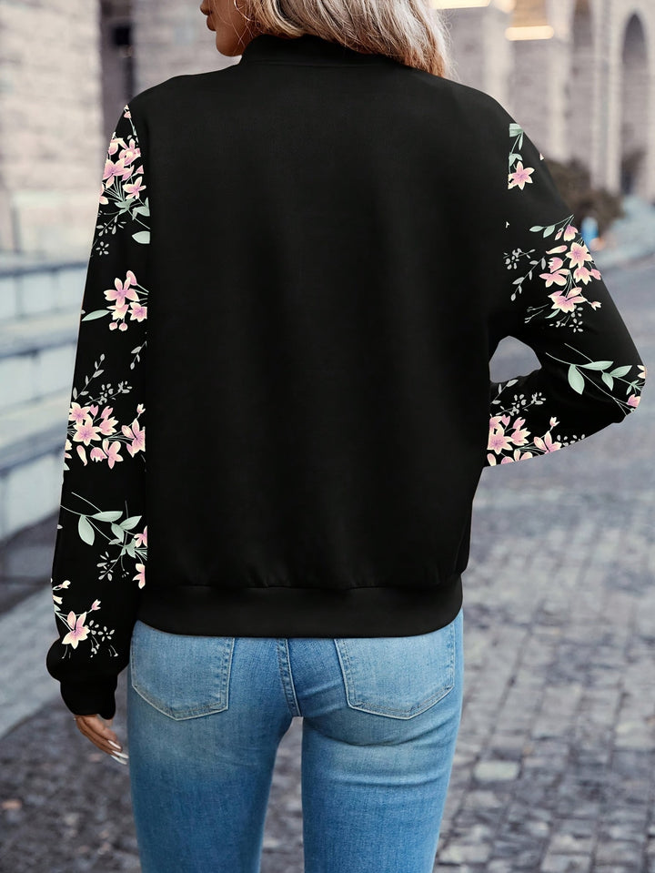 Übergangsjacke Damen | Bomberjacke Damen | Blumenprint-Ärmel & Zipper für schnellen Style